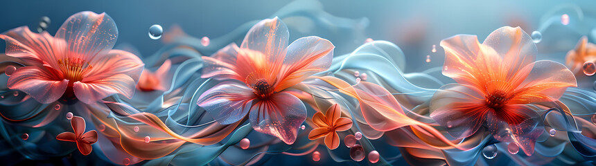This graphic shows fluid motion and vibrant orange flowers with realistic water droplets suspended in the air, creating a dynamic scene