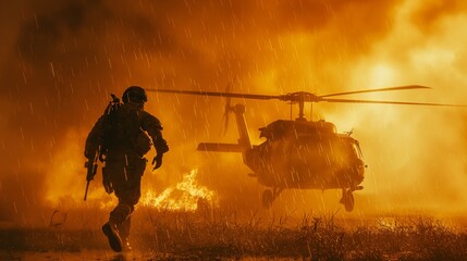 Back view of a soldier running to the helicopter with smoke and fire background.