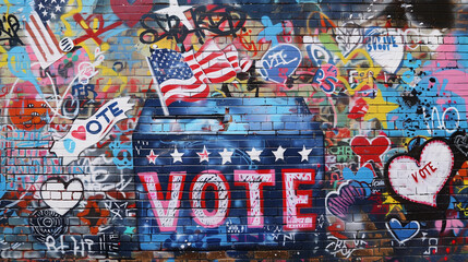 Obraz premium Graffiti wall art Vote ballot voting box red white blue us flag on urban suburb election America president patriotic USA polling voting freedom pride American street mural spray paint 