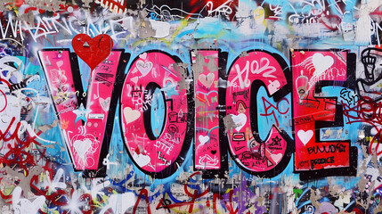 Naklejka premium Graffiti wall street art graphic word Voice in bright pink bold opinion speech world activism heart election advocacy empowerment diversity artist spray can paint mural design typography font banner
