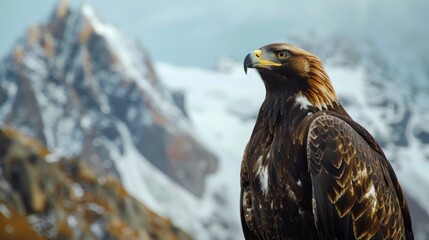 Fototapeta premium Golden Eagle Staring Intently in Snowy Mountains