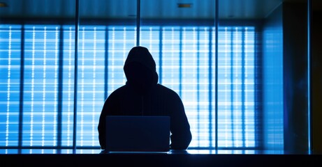 Dramatic low-angle shot of a hooded figure silhouetted against a glowing computer screen,...