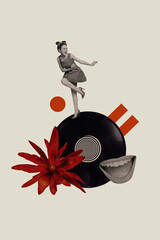Composite trend artwork image photo collage of young attractive vintage lady dance on huge vinyl record music player at flower huge mouth