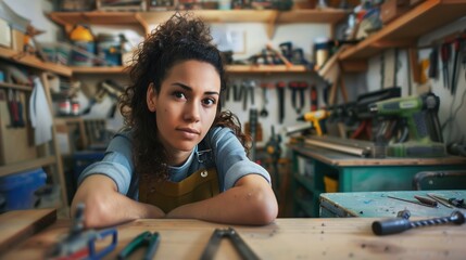Woman Sitting at Table With Tools - obrazy, fototapety, plakaty