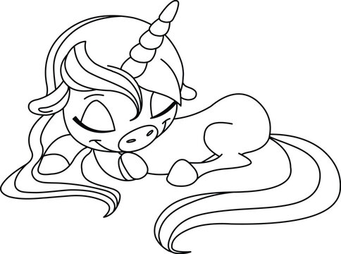 Outlined cute unicorn sleeping, Vector line art illustration coloring page.