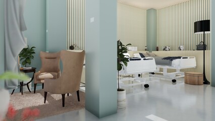 Diseño interior de domitorio de una residencia de ancianos