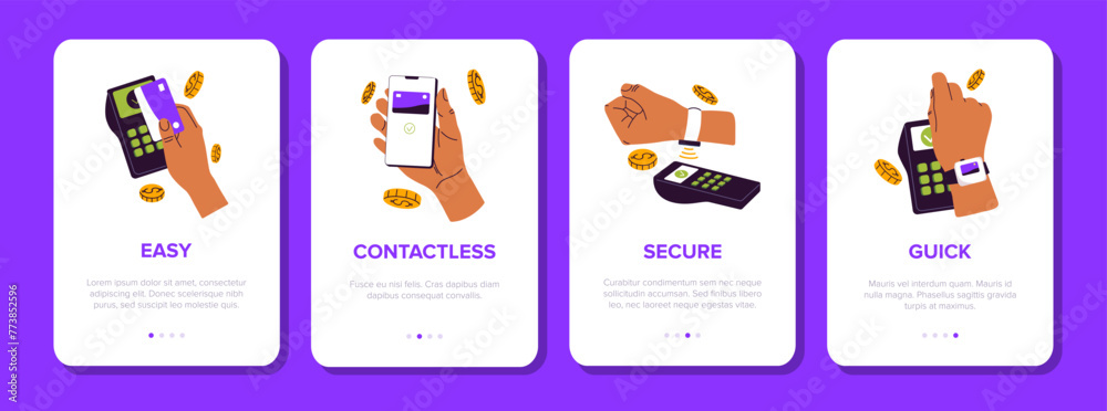 Poster design of onboarding cards in banking app set. ui templates of welcome walkthrough screens. gui of s