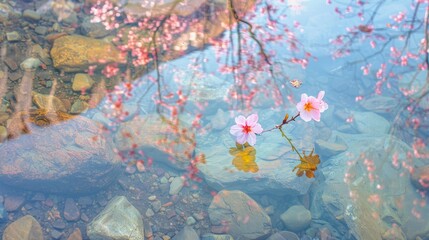 Cherry Blossoms and Pebbles in Clear Water