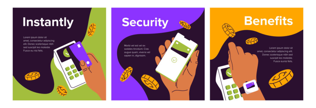 Advertising cards of contactless cashless payment set. Hands pay in POS terminal using banking app. Buy, make purchases with phone, smartwatch. Promotion of NFC technology. Flat vector illustrations