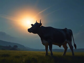 太陽の光で影になる牛と広大な草原