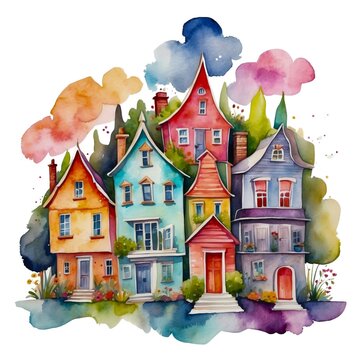 Watercolor illustration of a colorful abstract whimsical, quirky houses on isolated white background.	
