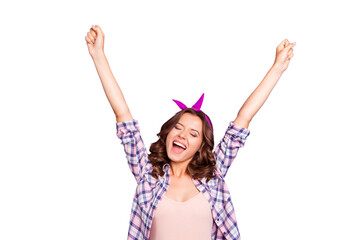 Portrait of nice cheerful cheery glad lovely attractive adorable lady closed eyes opened mouth...