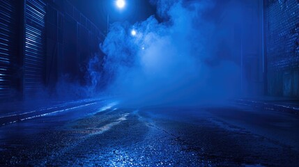 studio room with smoke blue-tinged foggy underpass at night with intense light beams cutting through the mist, highlighting the urban textures - obrazy, fototapety, plakaty
