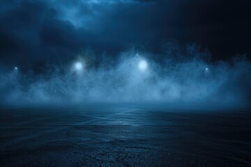 studio room with smoke blue-tinged foggy underpass at night with intense light beams cutting...
