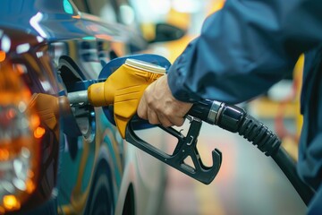 man gas station holding a fuel pump nozzle, with various activities related to a gas station environment