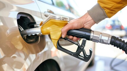 man gas station holding a fuel pump nozzle, with various activities related to a gas station environment