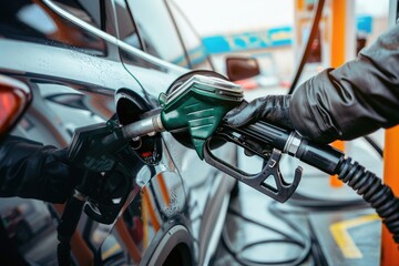 man gas station holding a fuel pump nozzle, with various activities related to a gas station environment