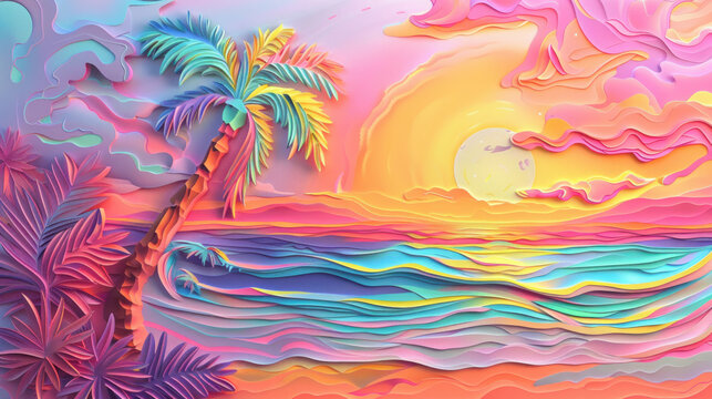 Colorful seascape with palm tree and sun as wallpaper background illustration