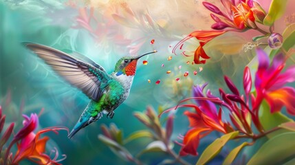 Hummingbird Feeding on Exotic Flowers Illustration