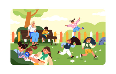 Cute kids on playground with kindergarten teacher. Preschool children running, play games, catch up, have fun, learn nature, read book on walk. Summer activities outdoor. Flat vector illustration