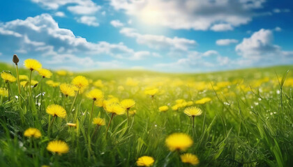 Obraz premium Beautiful meadow field with fresh grass and yellow dandelion flowers in nature against a blurry blue sky with clouds. Summer spring natural landscape.