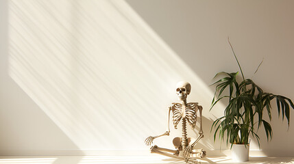 Lonely and Solitude Skeleton sitting in the White-Washed Silence of a Room, Bathed in Sunlight and Embraced by Nature - obrazy, fototapety, plakaty