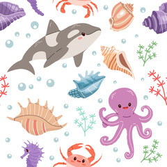 Sea animals. Seamless pattern of hand-drawn sea life creatures and elements. Vector doodle cartoon set of marine life objects. Flat illustration on white background. Collection for stickers.