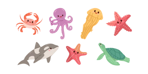 Crédence de cuisine en verre imprimé Vie marine Sea animals. Hand-drawn sea life creatures and elements. Vector doodle cartoon set of marine life objects. Flat illustration on white background. Collection for stickers.
