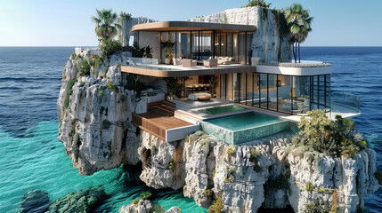 A luxurious modern villa perched atop a cliff with an infinity pool overlooking the ocean. Architecture and vacation concept. Generative AI - obrazy, fototapety, plakaty
