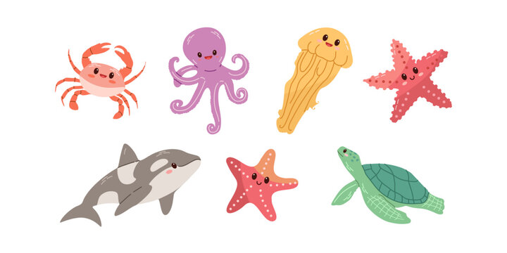 Sea animals. Hand-drawn sea life creatures and elements. Vector doodle cartoon set of marine life objects. Flat illustration on white background. Collection for stickers.