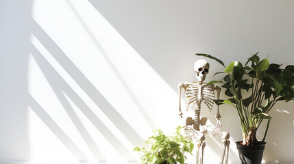 Exploring the Atmosphere of a White Washed Room with a lonely Skeleton's Adventure under Sunlight with green plants - obrazy, fototapety, plakaty