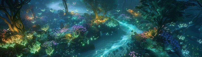 Overhead shot of an ethereal forest, 3Drendered with glowing flora and a bioluminescent river, showcasing a fantasy ecosystem