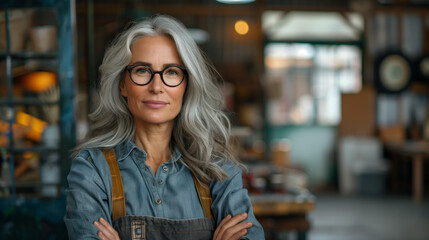 A confident woman artist in a denim shirt and apron stands in a well-lit art studio, arms crossed, smiling at the camera. Generative AI - 773854370