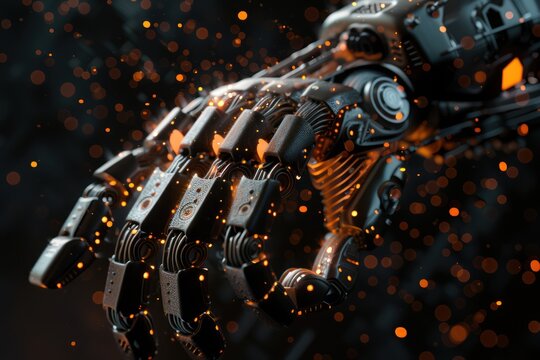 ultra close-up view tiny sci-fi particles forming a robotic hand