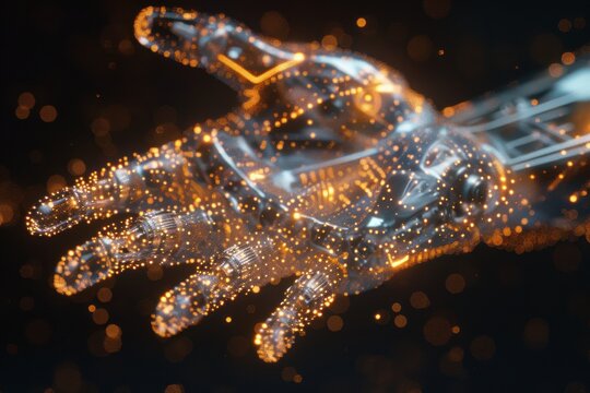 ultra close-up view tiny sci-fi particles forming a robotic hand