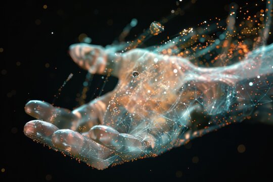 ultra close-up view tiny sci-fi particles forming a robotic hand