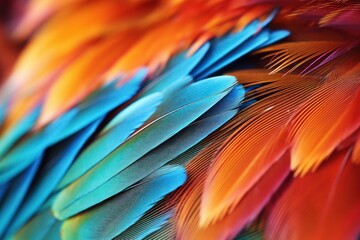 ultra close-up view of a beautiful hyperdetailed texture bird multicolored feather
