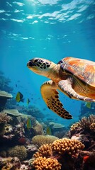 A turtle swimming in the ocean with a school of fish swimming around it
