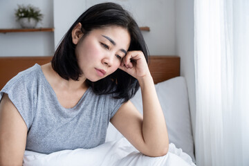 mental health woman overthinking in bed , depressed woman have problem with sleeping disorder