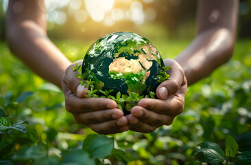 Hands holding a green earth, symbolizing environmental care and responsibility. - obrazy, fototapety, plakaty