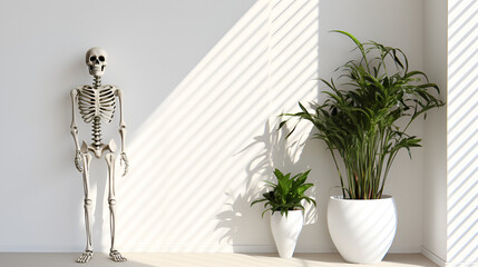 Solitude and Mystery of a lonely Skeleton in an Empty Room with a Green Pot of Plant and sunlight enters in the room from a window - obrazy, fototapety, plakaty