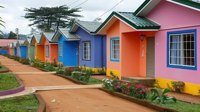 A row of brightly painted houses sit side by side, each unique in color and style, creating a visually striking display of unity and diversity