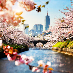 벚꽃이 핀 도시의 모습
