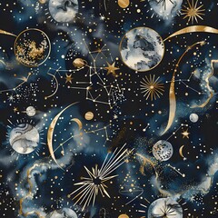 Christmas Starry Sky Seamless Background with Snowflakes, Moon, and Trees in Blue