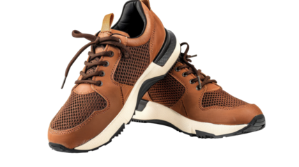 Pair of brown sneakers elegantly placed on a bright white background