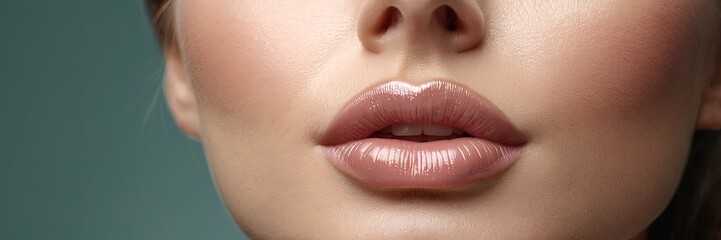 Close-up woman lower face, showcasing clear complexion against a blue background. Image captures detail of skin texture, lips, used for skin care promotion. - obrazy, fototapety, plakaty