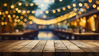 Blank wooden tabletop over blurred cafe lights background