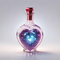 A heart-shaped glass bottle with a vibrant cosmic scene encapsulated within, showing swirling shades of purple, blue, and pink sparkles.