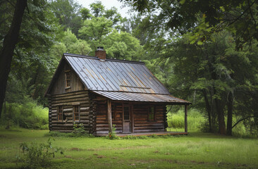 Fototapeta na wymiar log cabin with metal roof, near green trees and grass in a forest