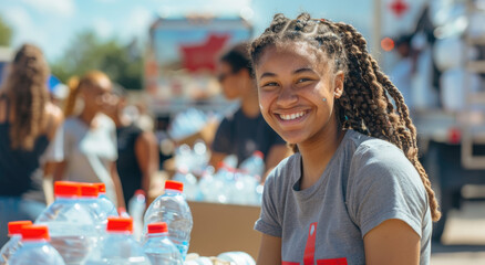  a happy young woman smiling and helping to fill up water bottles at an award-winning American Red...